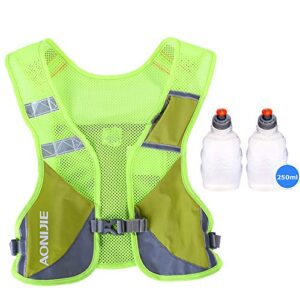 aonijie men women ultralight running vest pack reflective breathable hydration backpack for hiking camping marathon cycling race (green- with 2 pcs 250ml bottles)
