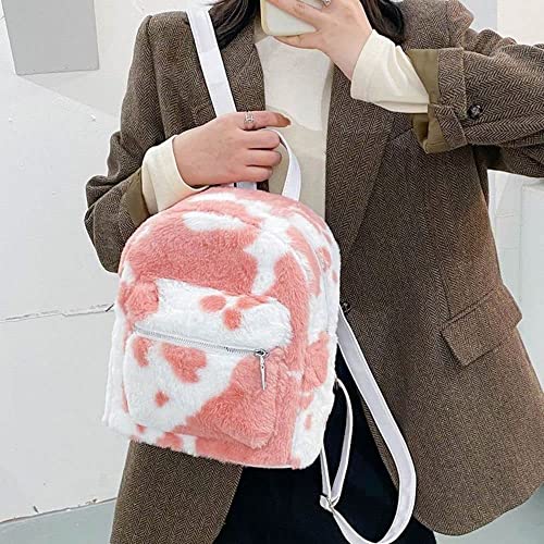 Tomato City Fuzzy 3D Bunny Ear Backpack Kawaii Fluffy Shouder Bag Purse Girls (Pink Cow Print,Faux Fur)