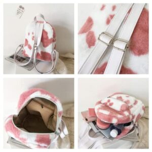 Tomato City Fuzzy 3D Bunny Ear Backpack Kawaii Fluffy Shouder Bag Purse Girls (Pink Cow Print,Faux Fur)