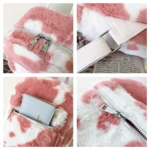 Tomato City Fuzzy 3D Bunny Ear Backpack Kawaii Fluffy Shouder Bag Purse Girls (Pink Cow Print,Faux Fur)