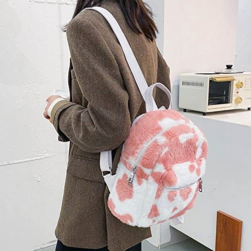 Tomato City Fuzzy 3D Bunny Ear Backpack Kawaii Fluffy Shouder Bag Purse Girls (Pink Cow Print,Faux Fur)