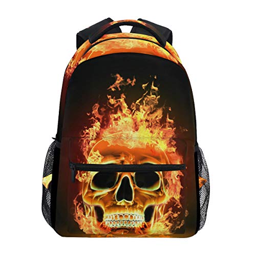 Wamika Fire Skull Backpacks Flaming Skeleton Laptop Book Bag Casual Extra Durable Backpack Lightweight Travel Sports Day Pack for Men Women