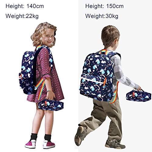 Kemy's Toddler Backpack for Elementary with Lunch Box and Pencil Pouch, Unicorn Kids Backpack for Girls School（Blue 3 Pieces）