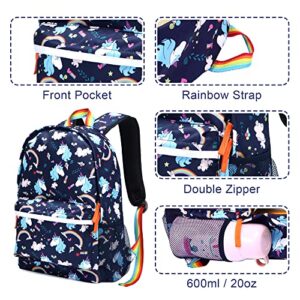 Kemy's Toddler Backpack for Elementary with Lunch Box and Pencil Pouch, Unicorn Kids Backpack for Girls School（Blue 3 Pieces）