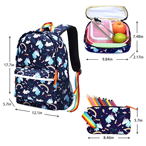 Kemy's Toddler Backpack for Elementary with Lunch Box and Pencil Pouch, Unicorn Kids Backpack for Girls School（Blue 3 Pieces）