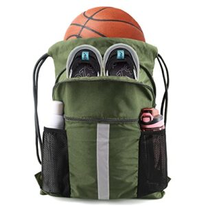 beegreen army green drawstring backpack with shoe compartment x-large gym sports string cinch backpack athletic sackpack mesh water bottle holders for women men