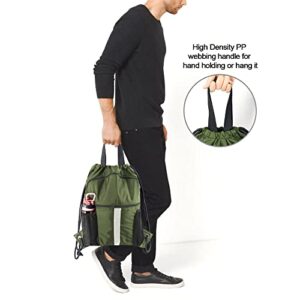 BeeGreen Army Green Drawstring Backpack with Shoe Compartment X-Large Gym Sports String Cinch Backpack Athletic Sackpack Mesh Water Bottle Holders for Women Men