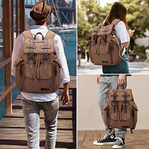 WITZMAN Canvas Backpack for Men & Women Vintage Rucksack Backpack High Capacity Bookbag for School (A8004 Brown)