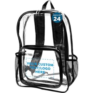 DISCOUNT PROMOS Custom Heavy Duty Clear Plastic Backpacks Set of 24, Personalized Bulk Pack - PVC, Water Resistant, Great for School, Travel - Clear/Black