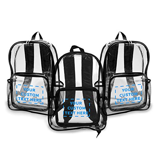 DISCOUNT PROMOS Custom Heavy Duty Clear Plastic Backpacks Set of 24, Personalized Bulk Pack - PVC, Water Resistant, Great for School, Travel - Clear/Black