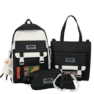 laureltree kawaii aesthetic cute 4pcs school bags set with accessories school suppliers for teens girls backpack tote bag (black)