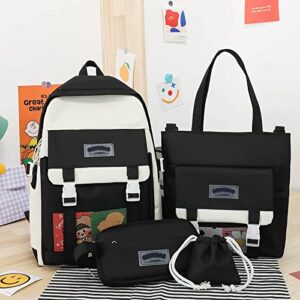 LaurelTree Kawaii Aesthetic Cute 4pcs School Bags Set with Accessories School Suppliers for Teens Girls Backpack Tote Bag (Black)