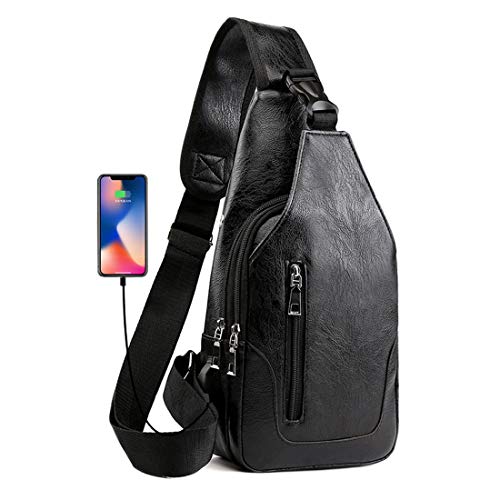 Seoky Rop Men Sling Bag Anti Theft Shoulder Bag Small Leather Crossbody Sling Backpack with USB Charge Port Black