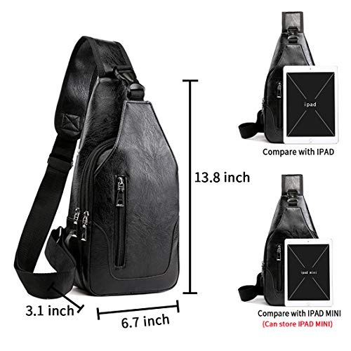 Seoky Rop Men Sling Bag Anti Theft Shoulder Bag Small Leather Crossbody Sling Backpack with USB Charge Port Black