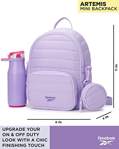 Reebok Women's Backpack - Artemis Quilted Shoulder Purse - Travel Gym Bag for Kids, Teens, and Adults, Size One Size, Pastel Lilac