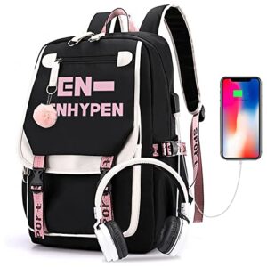wgeeey kpop enhypen school backpack merchandise, enhypen book bag casual backpack, black