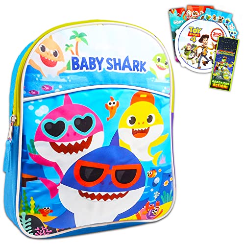 Baby Shark 11" Mini School Backpack for Kids ~ 4 Pc Bundle With Small Baby Shark School Bag, Toy Story And Finding Dory Stickers, and Door Hanger (Baby Shark School Supplies Set)