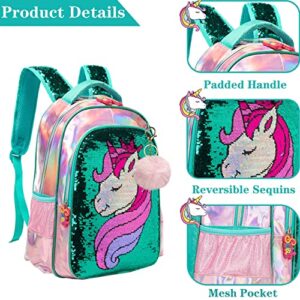 Unicorn Backpack for Girls Backpacks Glitter Sequin Bookbag with Lunch Box for Elementary Students Preschool Bag
