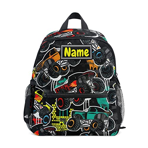 Glaphy Custom Kids Backpack for Boys Girls, Monster Truck Cars Toddler Backpack Kindergarten Elementary, Personalized Name Preschool Bookbag with Chest Strap