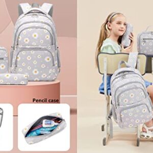 3Pcs Daisy Printed Kids Backpack Girls School Bookbag Set Elementary Students Daypack with Lunch Bag