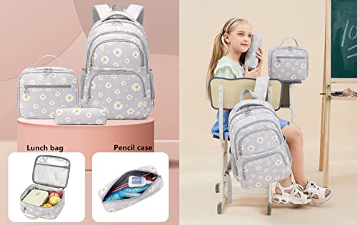 3Pcs Daisy Printed Kids Backpack Girls School Bookbag Set Elementary Students Daypack with Lunch Bag