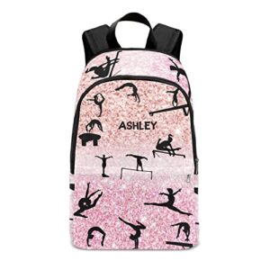 personalized name gymnastics gem gymnast girl rainbow pink glitter backpack unisex bookbag for boy girl travel daypack bag purse 17.7 in