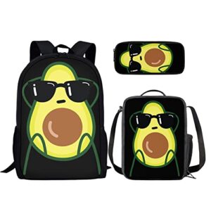 instantarts cool cartoon avocado print kids backpacks full set of 3 school supplies bookbags adjustable shoulder strap schoolbags lunch bag pencil holders