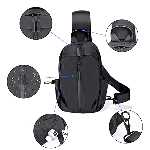 Qtittu Small Sling Bag Crossbody Backpack for Men Women Adjustable Strap Black Waterproof Shoulder Chest Daypack for Hiking Travel Commuting