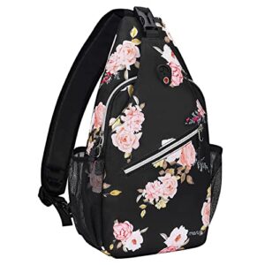 mosiso sling backpack, multipurpose travel hiking daypack peony rope crossbody shoulder bag, black