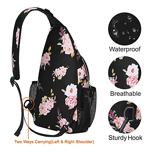 MOSISO Sling Backpack, Multipurpose Travel Hiking Daypack Peony Rope Crossbody Shoulder Bag, Black