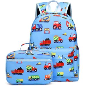 auivty preschool backpack for boys, kids backpack with lunch box construction backpack for preschool kindergarten daycare and travel, car school bookbag with chest buckle (construction-light blue)