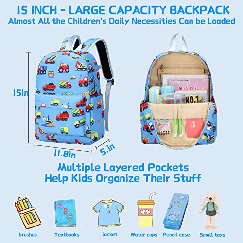 AUIVTY Preschool Backpack for Boys, Kids Backpack with Lunch Box Construction Backpack for Preschool Kindergarten Daycare and Travel, Car School Bookbag with Chest Buckle (Construction-Light Blue)