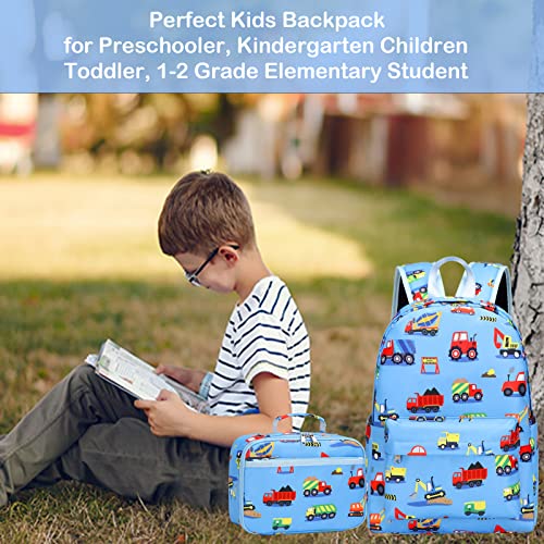 AUIVTY Preschool Backpack for Boys, Kids Backpack with Lunch Box Construction Backpack for Preschool Kindergarten Daycare and Travel, Car School Bookbag with Chest Buckle (Construction-Light Blue)