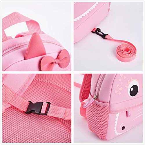 KK CRAFTS Preschool Toddler Backpack with Leash, 3D Cute Cartoon Neoprene Animal Schoolbag for Kids Boys Girls（Pink Dinosaur）