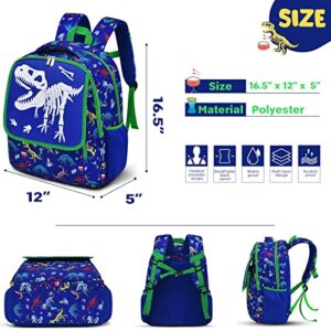 WERNNSAI Dinosaur Backpack - Luminous Dinosaur Fossils School Backpack for Kids Boys Book Bags Preschool Kindergarten Elementary 17” Schoolbag Hiking Travel Casual Backpack with Chest Strap