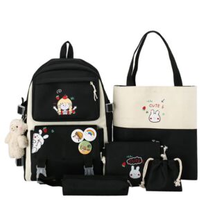 5pcs cute backpack set kawaii school bags supplies laptop bookbag aesthetic ita bag back to school stationary accessories (black)