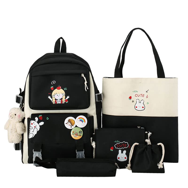 5Pcs Cute Backpack Set Kawaii School Bags Supplies Laptop Bookbag Aesthetic Ita Bag Back to School Stationary Accessories (Black)