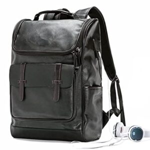 CHAO RAN Vintage Leather Backpack For Men Business Laptop Backpack With Charge Port Black Waterproof College School Bag