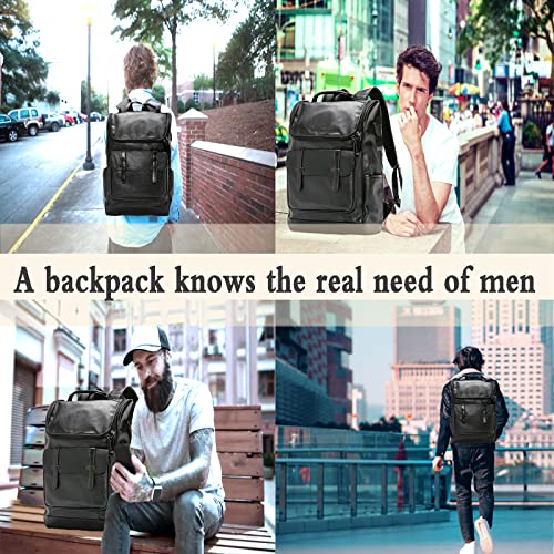 CHAO RAN Vintage Leather Backpack For Men Business Laptop Backpack With Charge Port Black Waterproof College School Bag
