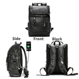 CHAO RAN Vintage Leather Backpack For Men Business Laptop Backpack With Charge Port Black Waterproof College School Bag