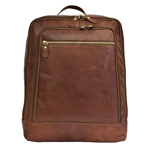 Zinda Genuine Leathers Large Unisex Backpack Top Zip Multiple Pockets Satchel Overnighter Travel 13” Laptop Bag (Cognac)