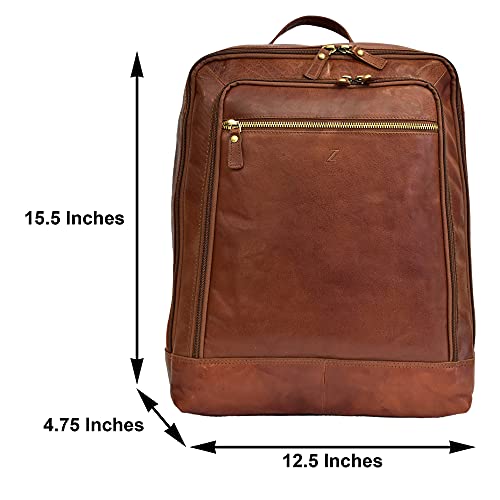 Zinda Genuine Leathers Large Unisex Backpack Top Zip Multiple Pockets Satchel Overnighter Travel 13” Laptop Bag (Cognac)