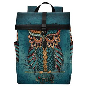 alaza green owl print patrick boho ethnic large laptop backpack purse for women men waterproof anti theft roll top backpack, 13 – 17.3 inch