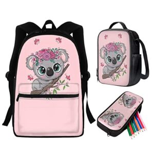 bychecar koala school backpack for kids age 5 to 8/9-12,cute bookbags for girls middle school bags set with lunch box pencil case 3 in 1