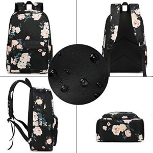 School Backpack for Teen Girls Bookbags Elementary High School Floral Laptop Bags Women Travel Daypacks (Black flower)