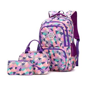school backpack for boys and girls,middle school elementary bookbag,geometric, space、leaf or galaxy print backpack (purple)