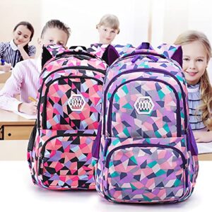 School Backpack for Boys And Girls,Middle School Elementary Bookbag,Geometric, Space、Leaf or Galaxy Print Backpack (Purple)