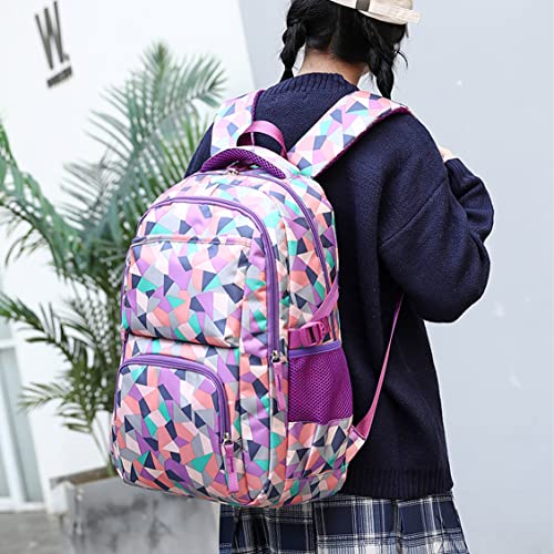 School Backpack for Boys And Girls,Middle School Elementary Bookbag,Geometric, Space、Leaf or Galaxy Print Backpack (Purple)