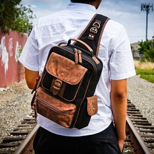 OCT17 Men Chest Shoulder Sling PU Leather Backpack Cross body Canvas Messenger Outdoor Travel Daypack