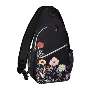 mosiso sling backpack, multipurpose travel hiking daypack garden flowers rope crossbody shoulder bag, black